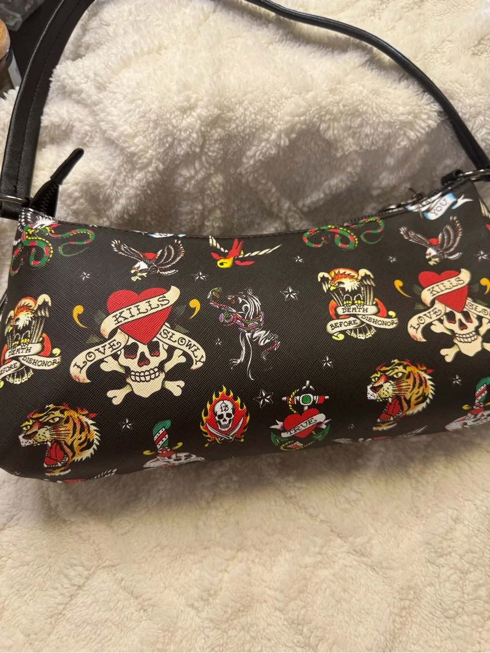 Ed Hardy Black Multicolor Tattoo-Print Crossbody Bag with Grommet Trim
